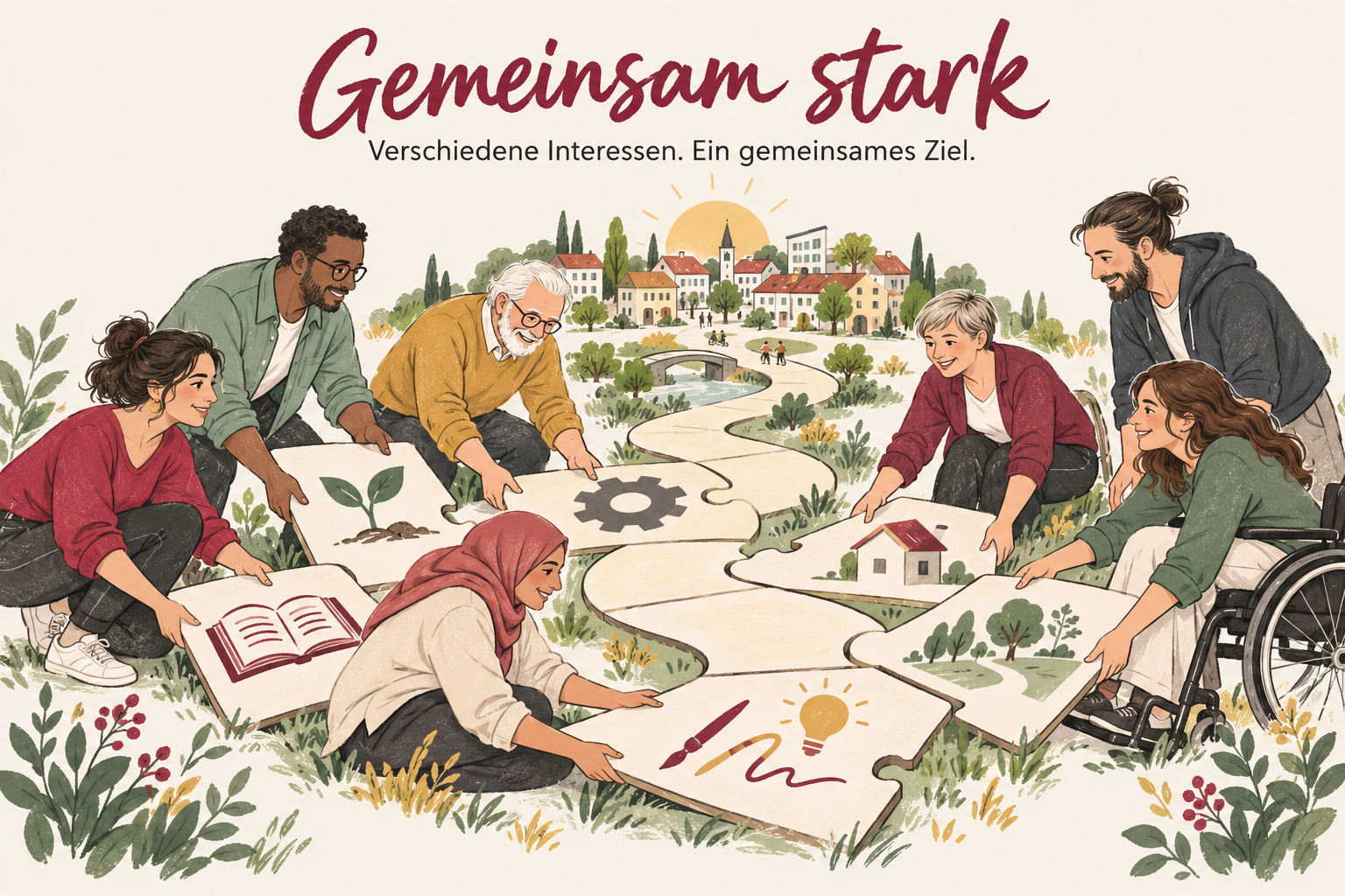 Menschen mit unterschiedlichen Interessen gestalten gemeinsam einen Weg. Gemeinsam stark – verschiedene Interessen, ein gemeinsames Ziel.